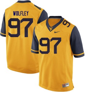Mens West Virginia Mountaineers Stone Wolfley #97 Stitched Gold Jersey 414850-191