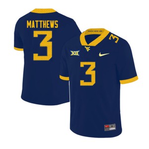 Mens West Virginia Mountaineers Jackie Matthews #3 Navy Stitched Jersey 633579-911