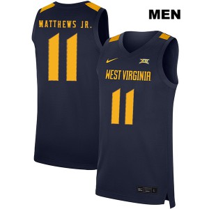 Men's West Virginia Mountaineers Emmitt Matthews Jr. #11 Stitch Navy Jerseys 658691-865